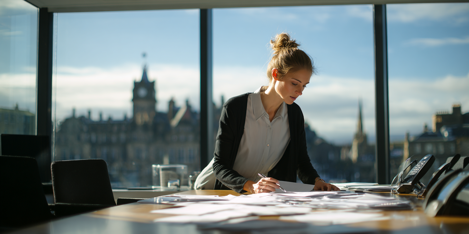 Business_Administration_Diploma A diligent business administration apprentice meticulously preparing a modern UK boardroom for an executive meeting
