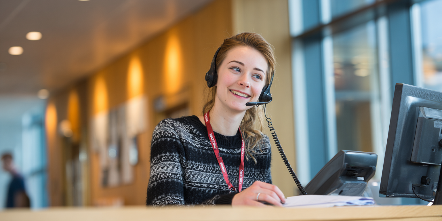 Customer Service Diploma A skilled Scottish apprentice at a bright, modern office reception, efficiently managing visitor arrivals and phone calls.
