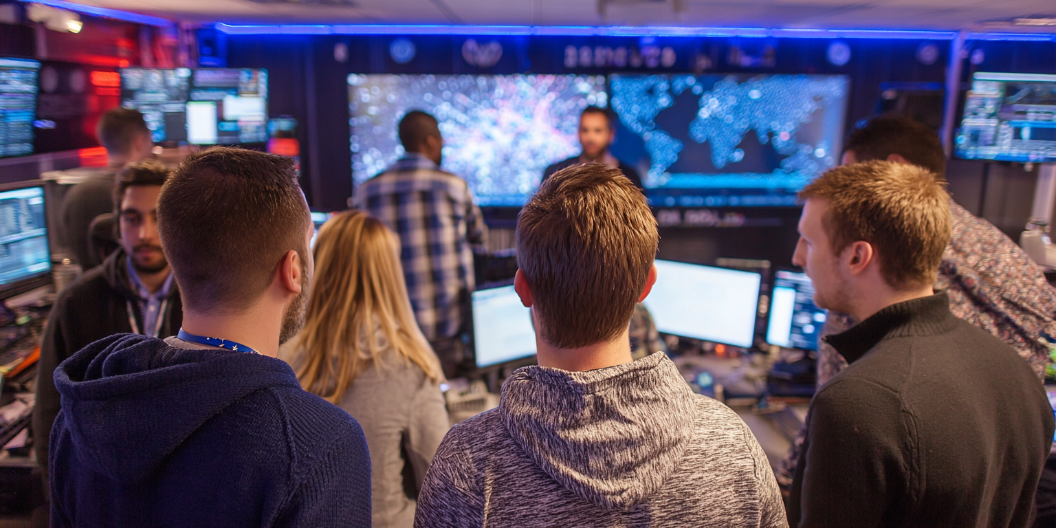 Cyber Security Diploma A team of diverse UK cyber security apprentices in a high-tech Security Operations Centre (SOC), responding to a simulated cyber attack, large screens display network intrusion maps and real-time alerts.