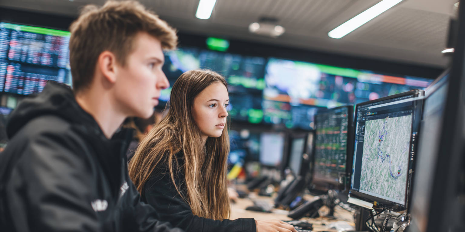 Diploma Cloud Infrastructure Two cloud infrastructure apprentices, one Scottish male and one female, analysing performance dashboards for a cloud environment, multiple monitors showing real-time metrics and load balancers.