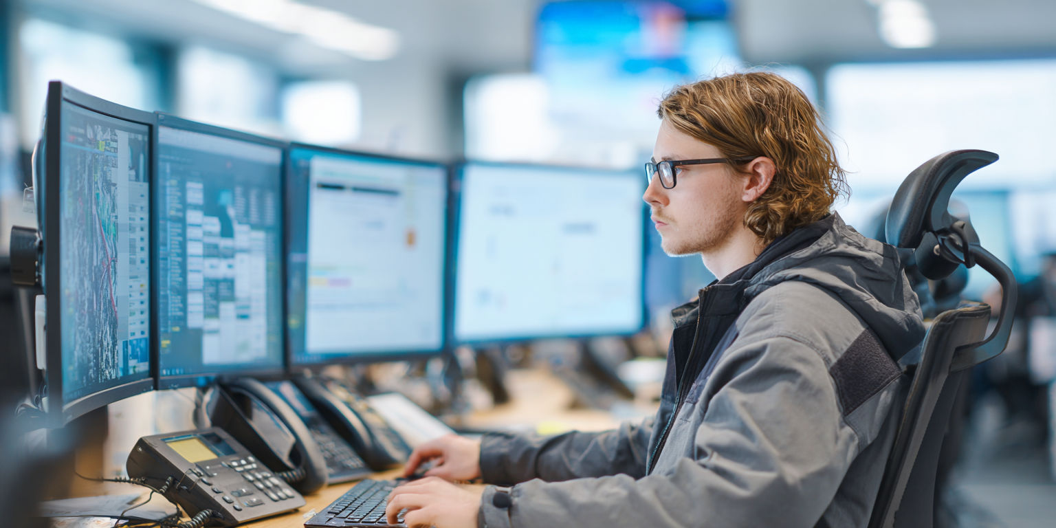 Diploma Data Analytics A focused young professional apprentice at a modern workstation, efficiently managing tasks across multiple monitors.