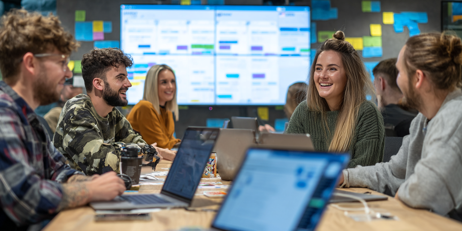 Diploma Digital Marketing Dynamic team of modern UK apprentices collaborating on a project, large screen displaying a digital kanban board, laptops open with team chat applications, vibrant contemporary office, engaged expressions,