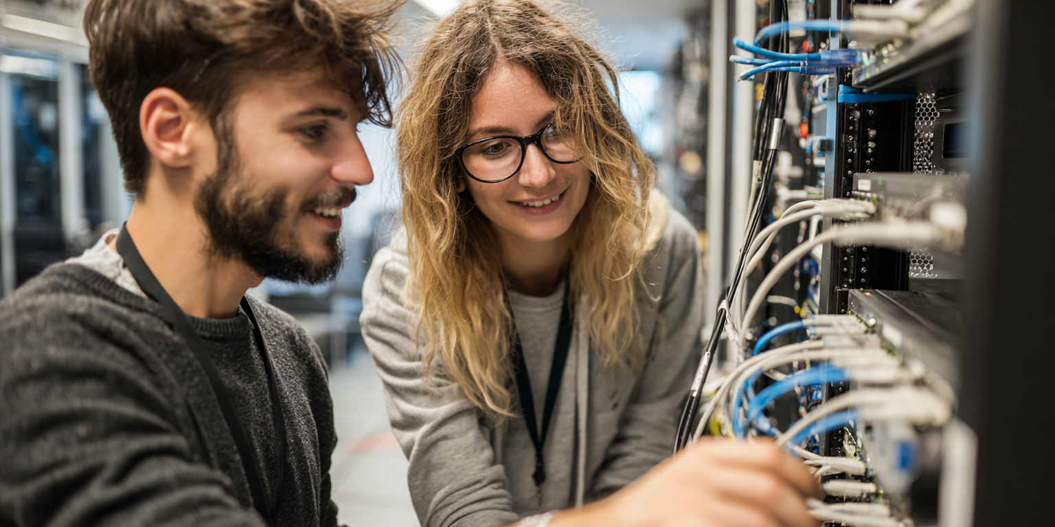 Diploma IT Infrastructure Two modern UK apprentices, one male and one female, collaborating to configure a network switch in a professional IT comms room.