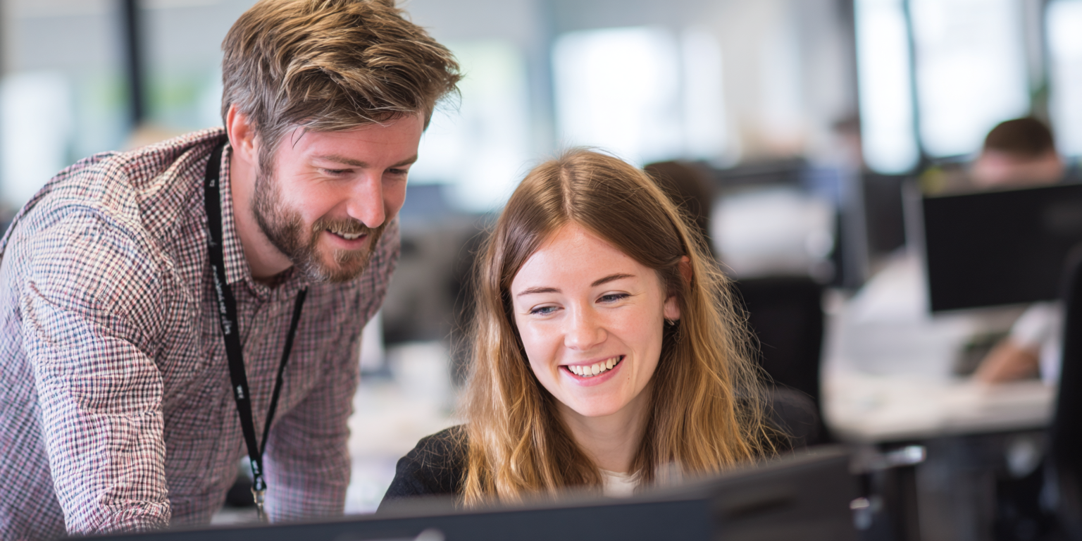 Diploma IT Support A friendly Scottish IT support apprentice providing desk-side assistance to an office worker, patiently guiding them through a software issue on a laptop.
