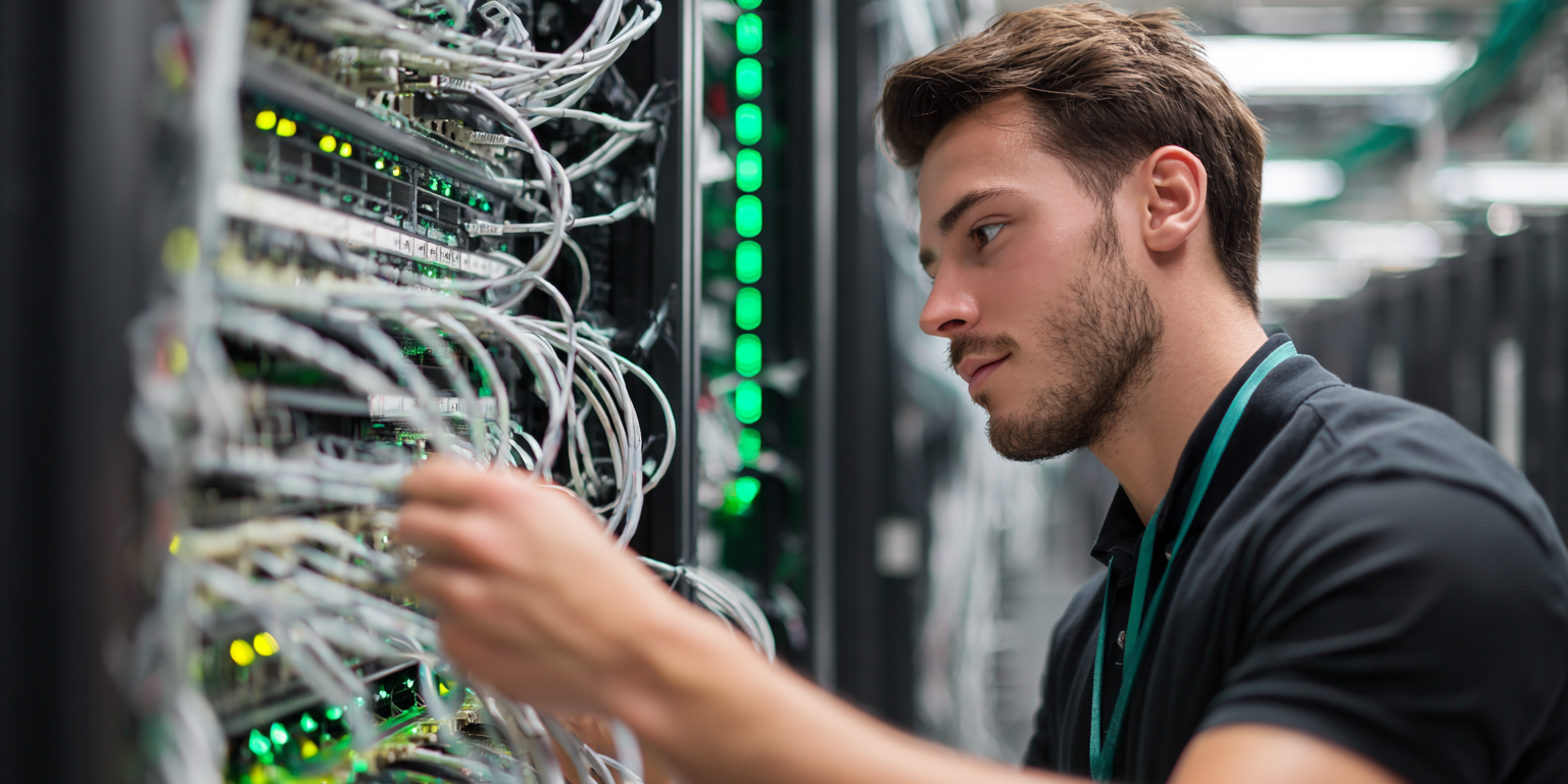 Diploma Network Infrastructure An experienced network engineer in a modern UK data centre, meticulously patching network cables into a switch on a server rack.
