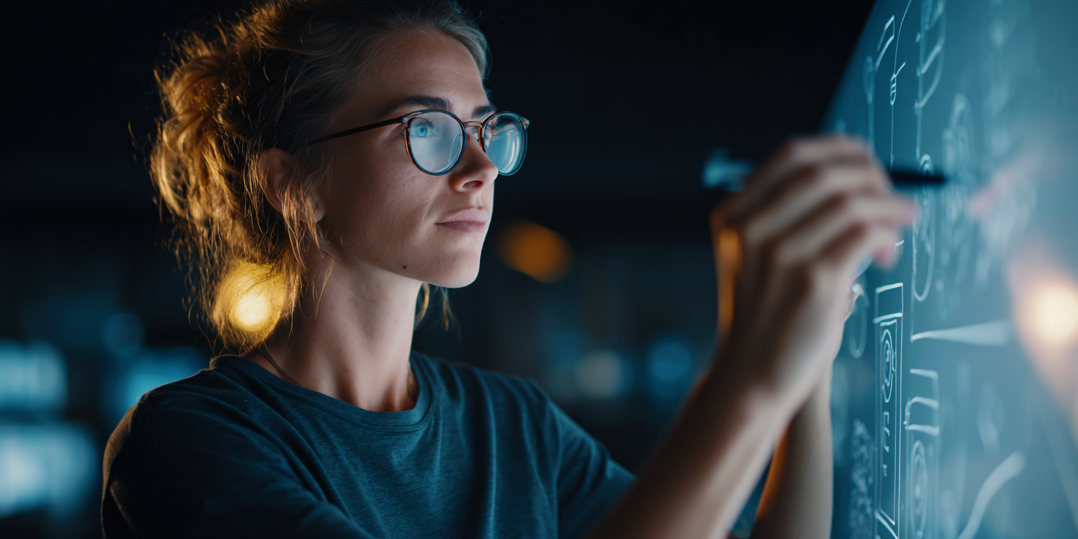 Diploma Software Development A young UI/UX apprentice presenting a mobile app wireframe to a senior developer on a large digital touchscreen display.
