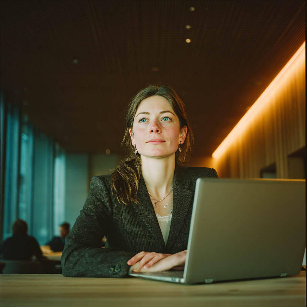 Professional woman working on laptop in modern office